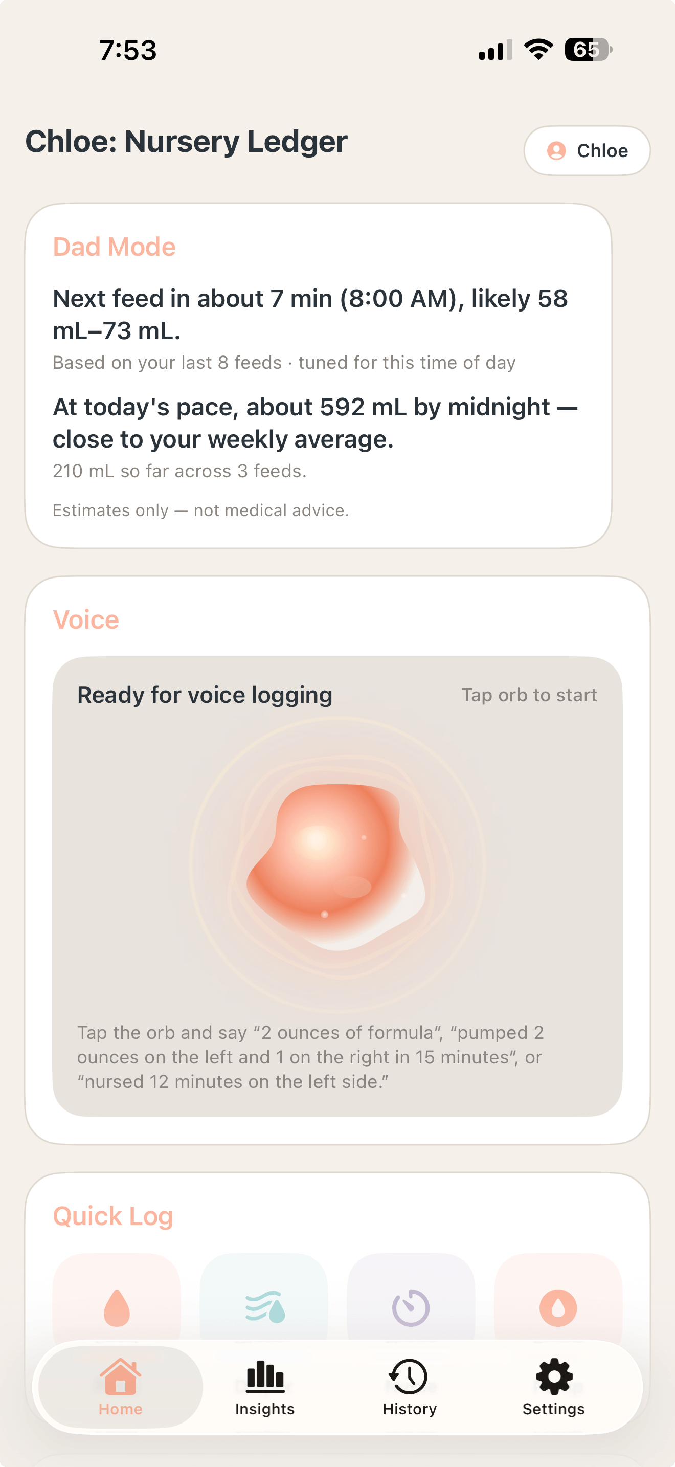 Chloe: Nursery Ledger home screen in dark mode showing the Dad Mode card with next-feed estimate and daily intake projection above the voice orb.