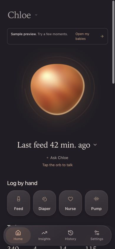 The Chloe Site on a phone-sized browser, showing the animated orb and clearly labeled sample preview.
